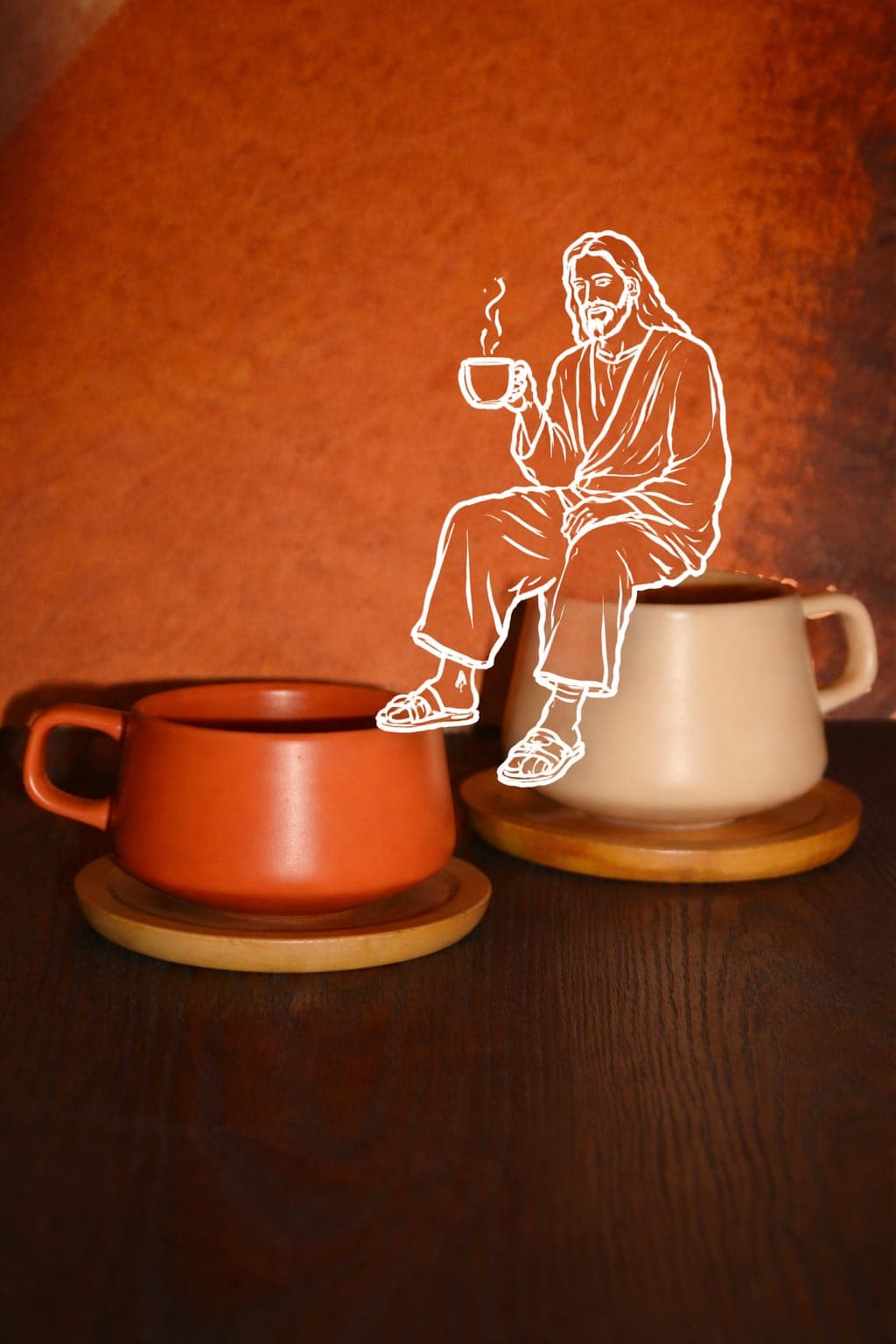 Stacked cream ceramic mugs with house branding on a warm wood shelf